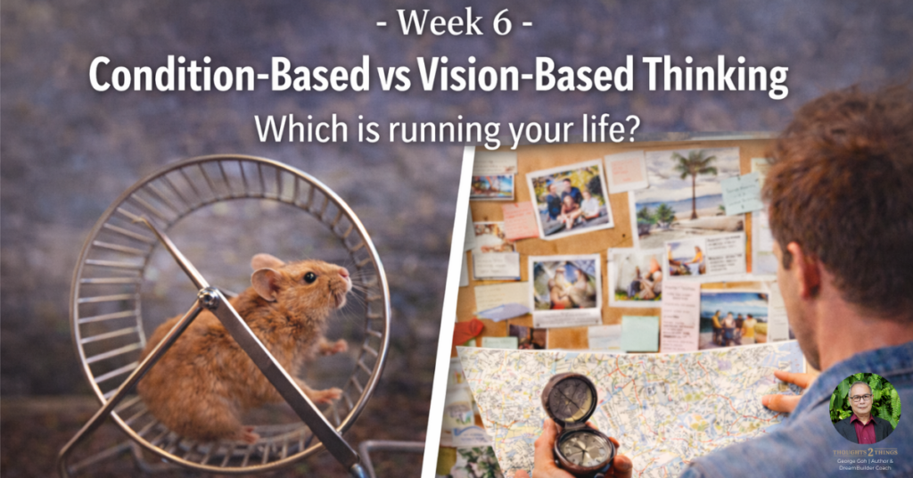 Split image showing a mice running in circles in a repetitive loop vs. a person plotting and stepping onto a new path, representing conditioned vs. vision-based thinking.