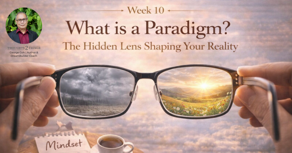 Person looking through glasses with different landscapes reflected in each lens, symbolising how paradigms shape perception of reality.