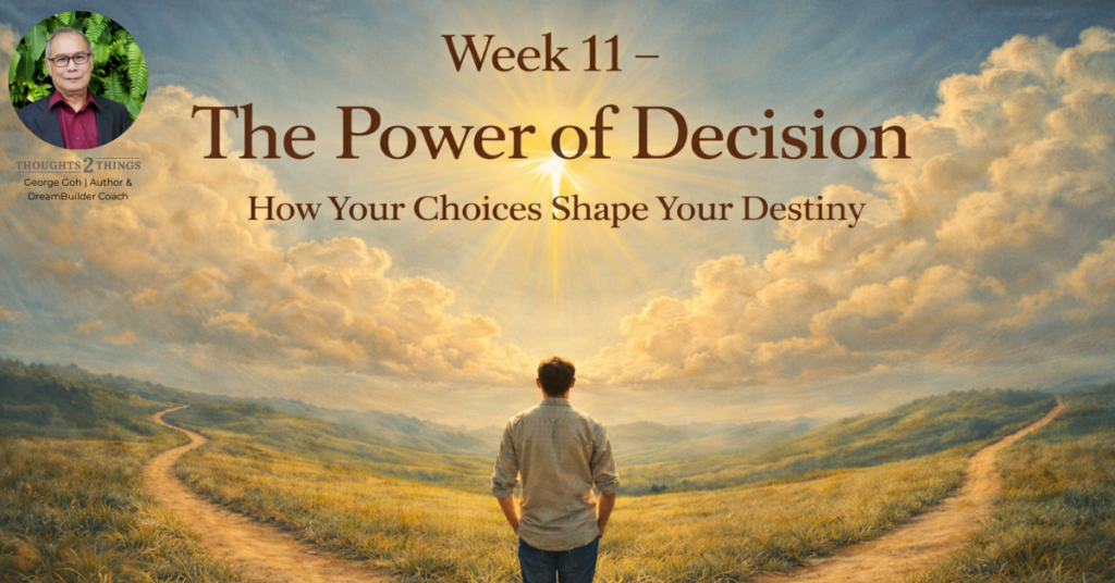 Person at a crossroads thoughtfully choosing a path, representing the power of decision.