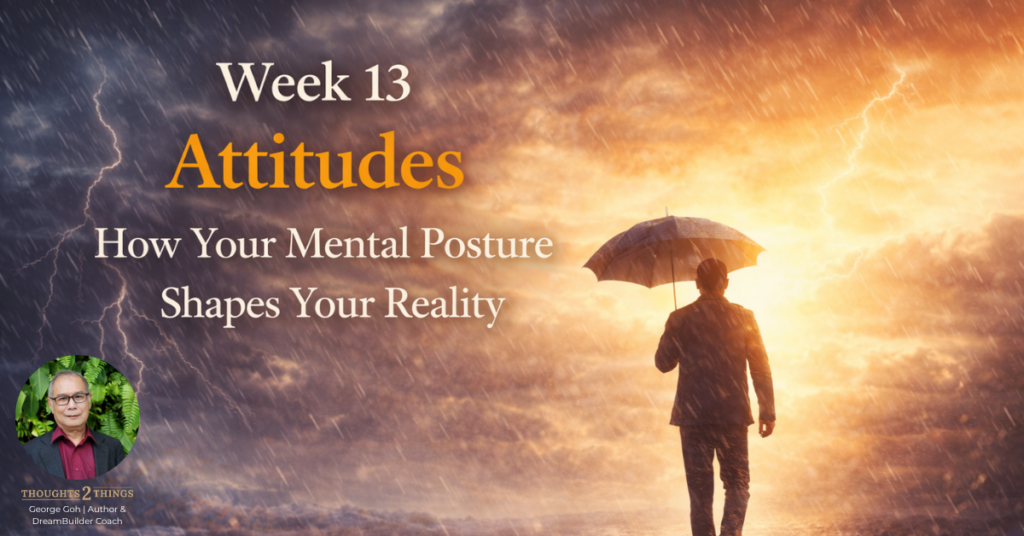 A man braving the weather walking with an umbrella through stormy conditions, representing the power of choosing your attitude regardless of circumstances.