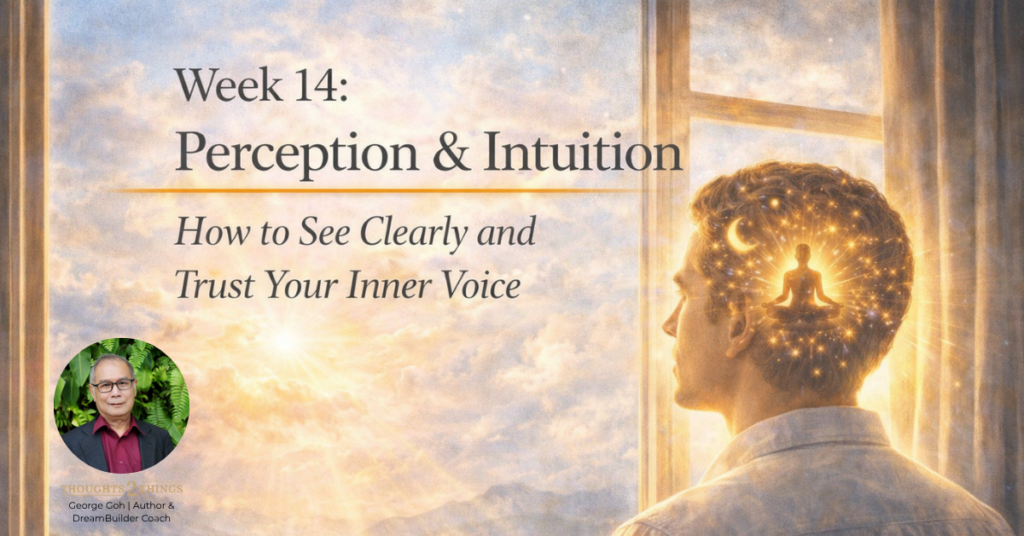 Person standing at a window seeing the world clearly outside while a soft inner glow illuminates their reflection, representing perception and intuition working together.