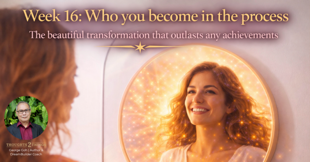 Person looking into a mirror reflecting a brighter, more radiant version of themselves, representing the inner transformation of the dream-building journey.